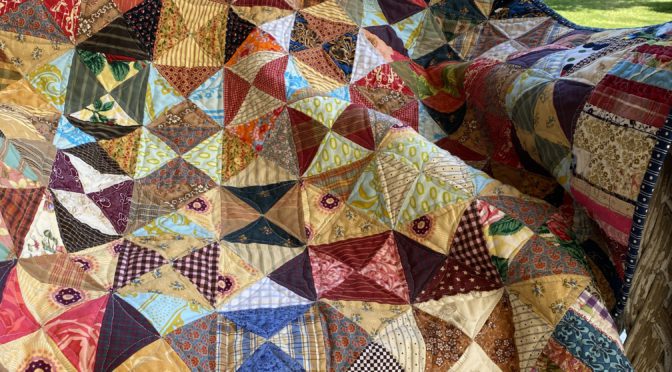 Sashiko Free Motion Quilting for Antique Inspired Scrappy Broken Dishes Lap or Cot Quilt susies-scraps.com